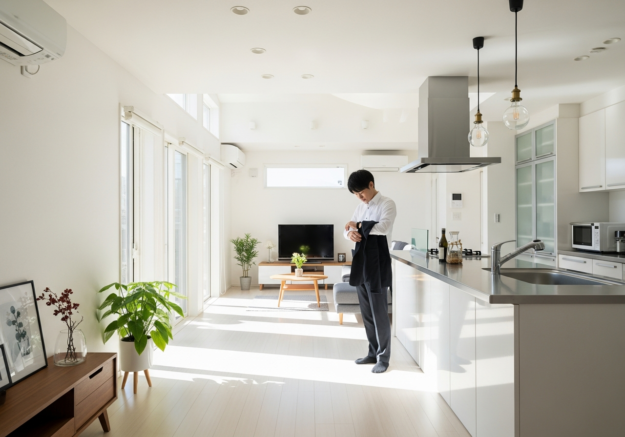 a person getting ready for work with a clean house