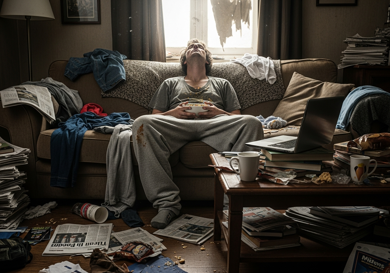 an exhausted person with a messy house