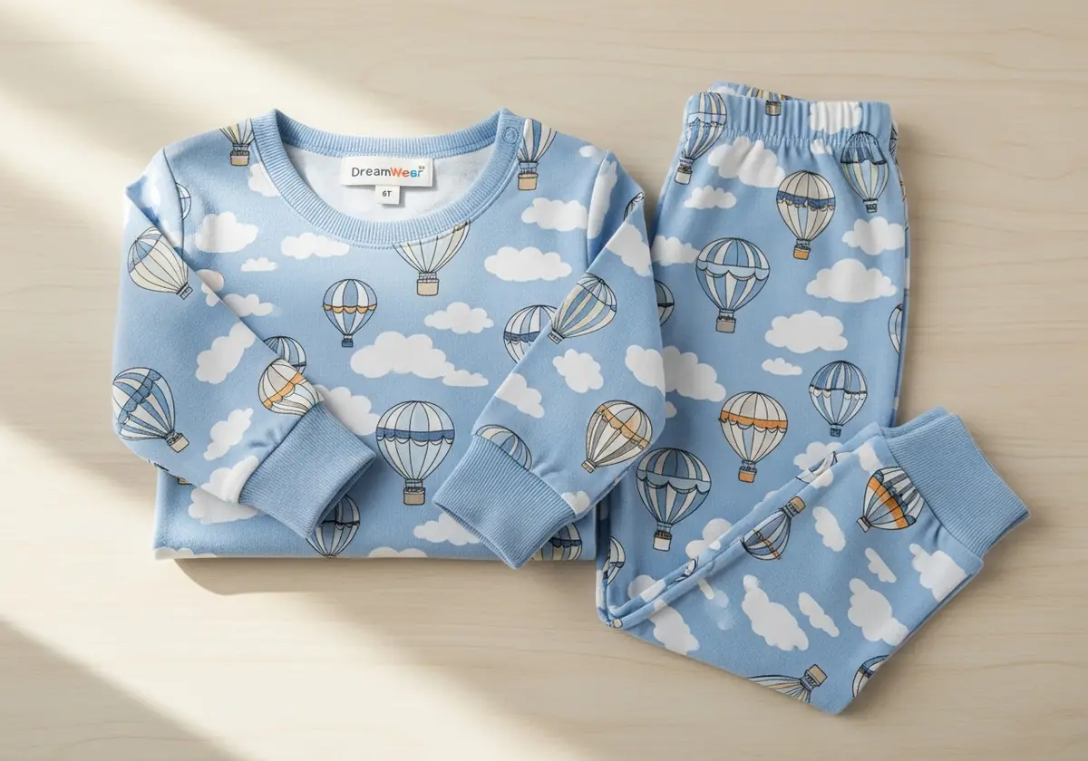 Child's blue pajamas printed with hot-air balloons and clouds