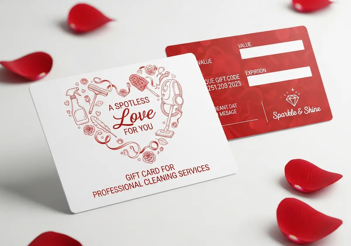 Valentine's gift card for professional cleaning services surrounded by red rose petals