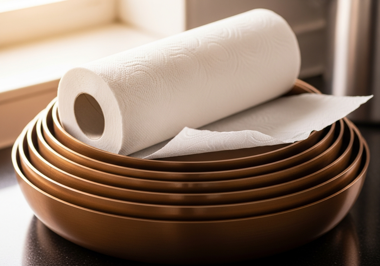 paper towel placed over bronze pans stacked correctly