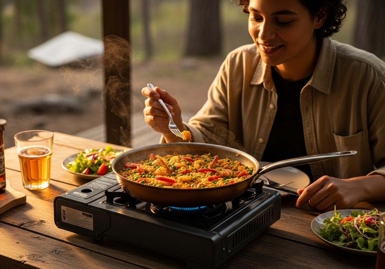 person enjoying food cooked in a bronze frying pan