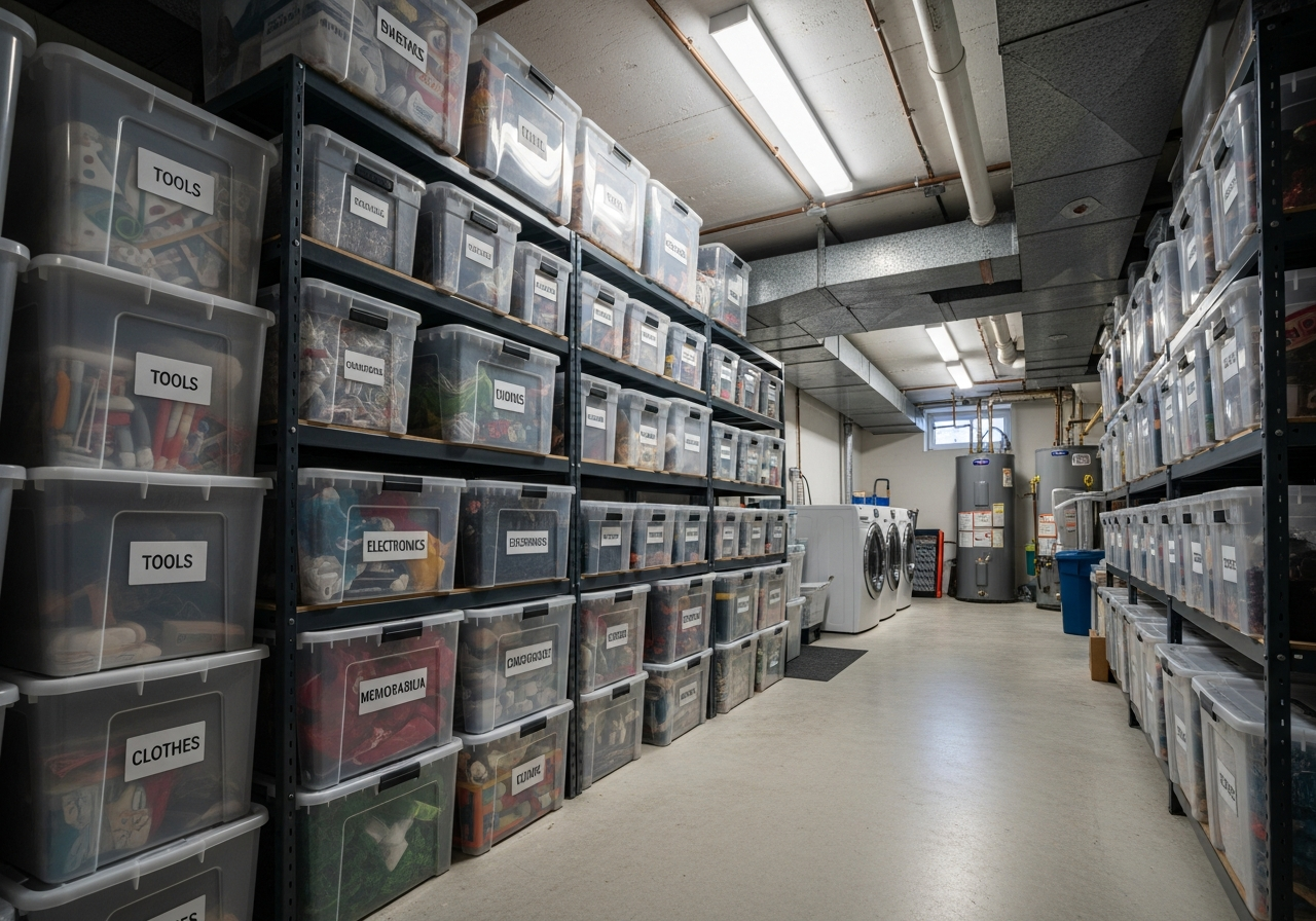 plastic boxes organized in the basement