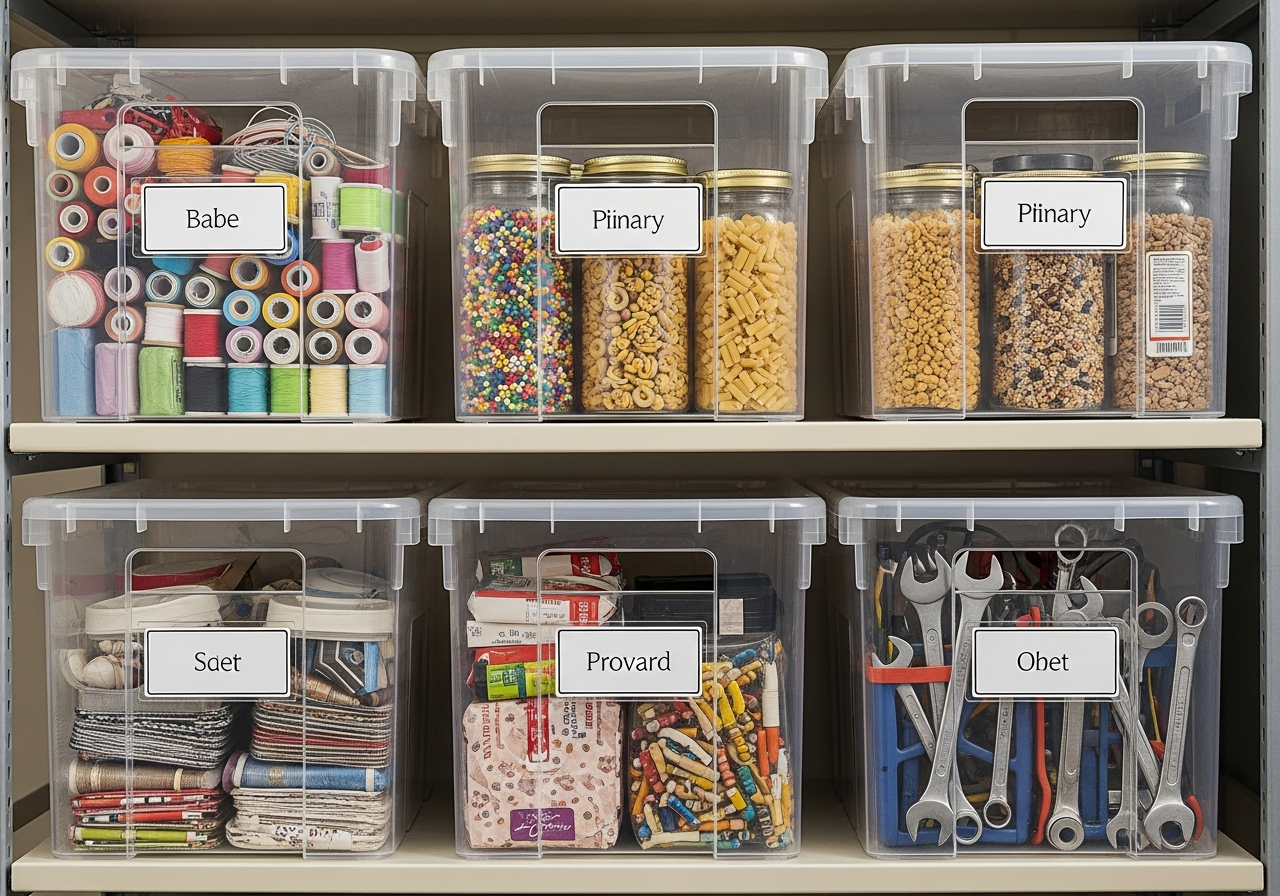 plastic boxes with items inside organized