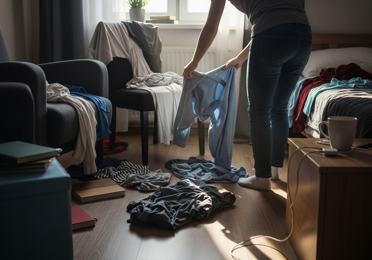 taking clothes off the floor of a room