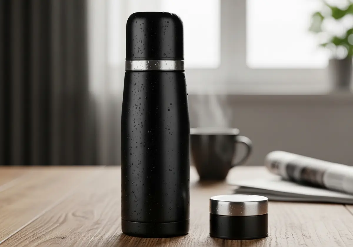 Black insulated thermos bottle and its lid on a wooden table