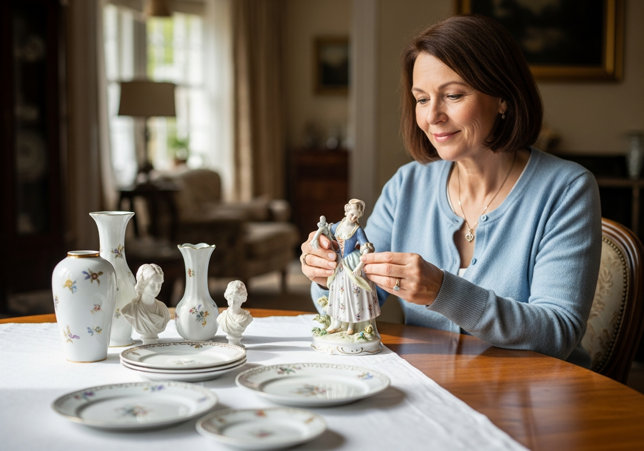 woman admiring her neatly cleaned and cared-for porcelain pieces