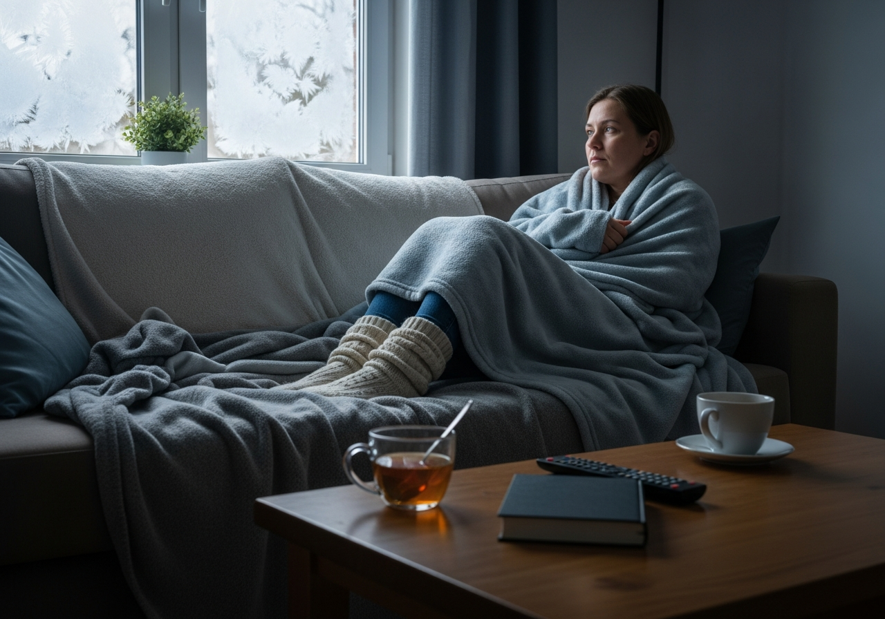 woman at home in the cold doing nothing during hibernation