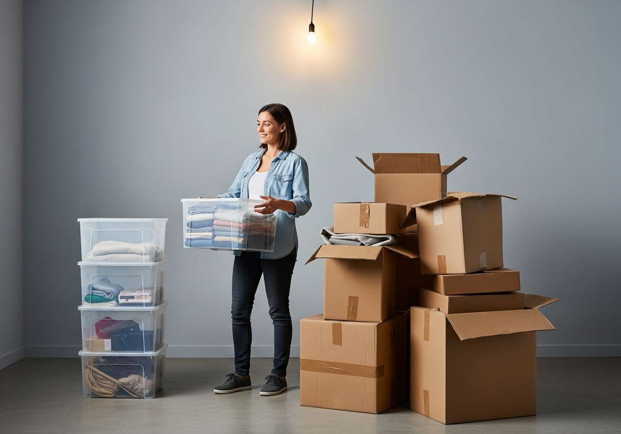 woman preferring to use plastic boxes rather than cardboard.