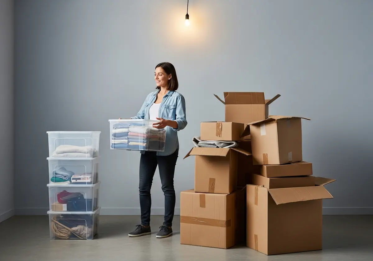woman preferring to use plastic boxes rather than cardboard.