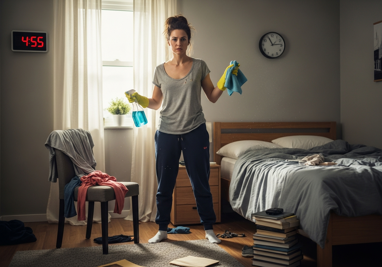 woman preparing to clean the bedroom in 5 minutes 