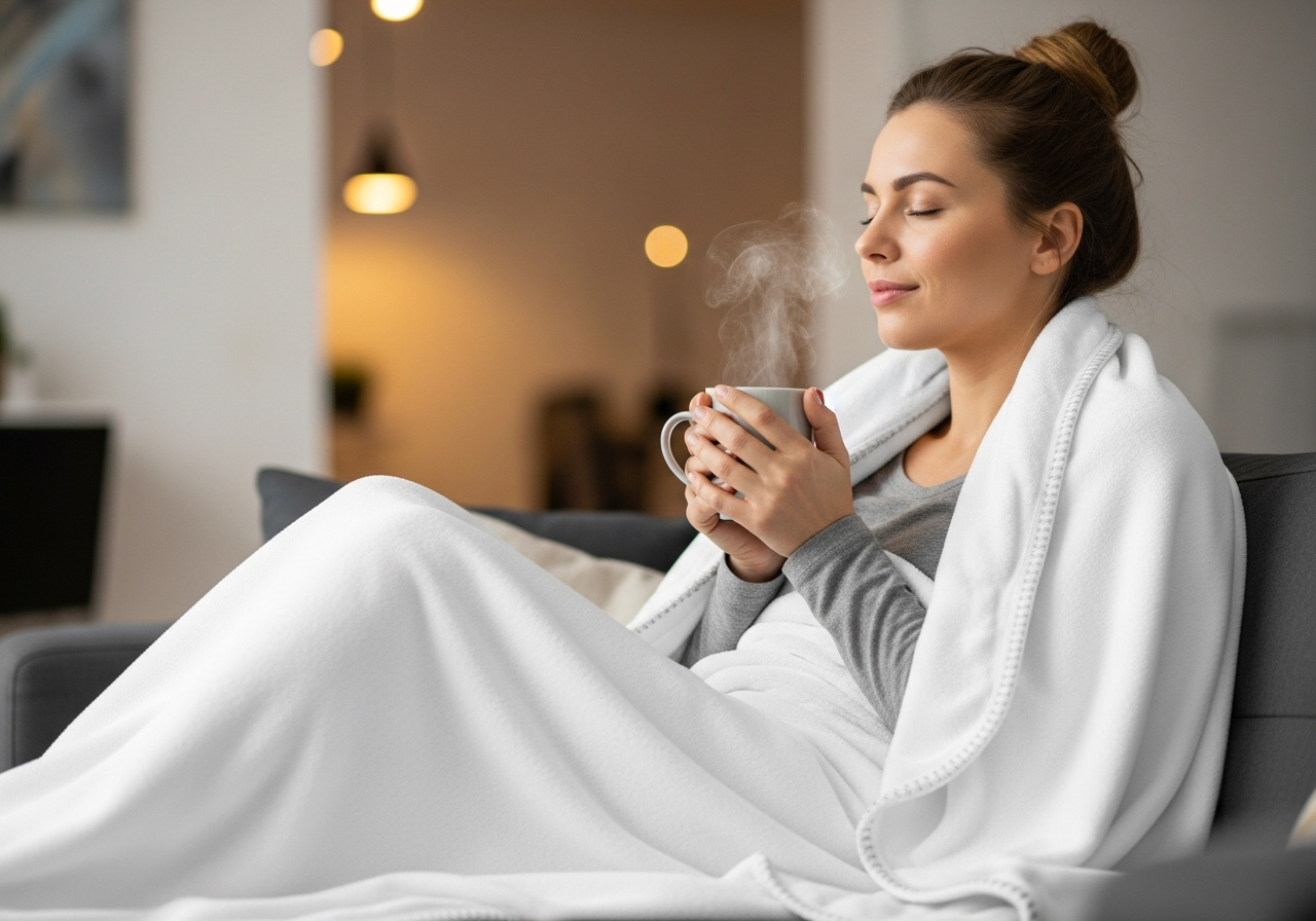 woman using the clean and sanitized blanket