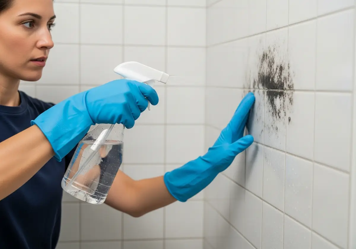 woman using vinegar to kill shower mold