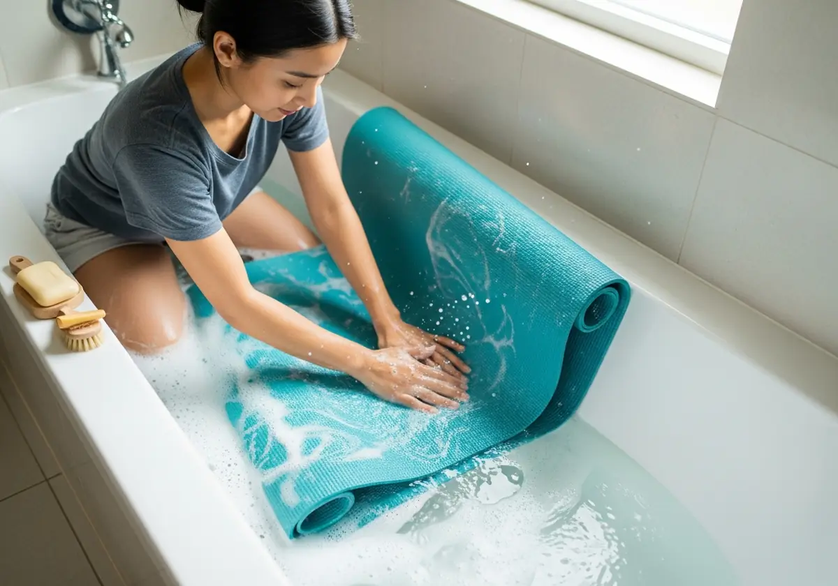 woman washing a yoga mat in the bathtub