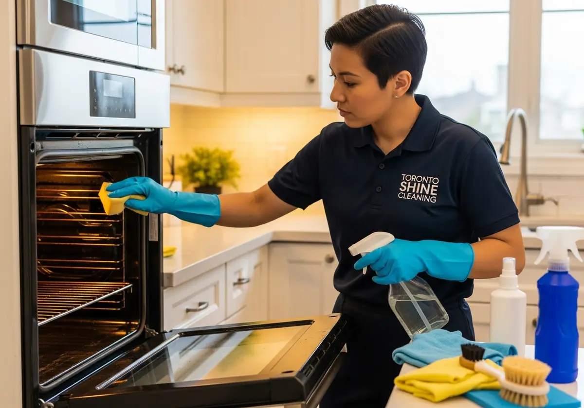Person in a navy polo and blue gloves wiping the inside of an oven