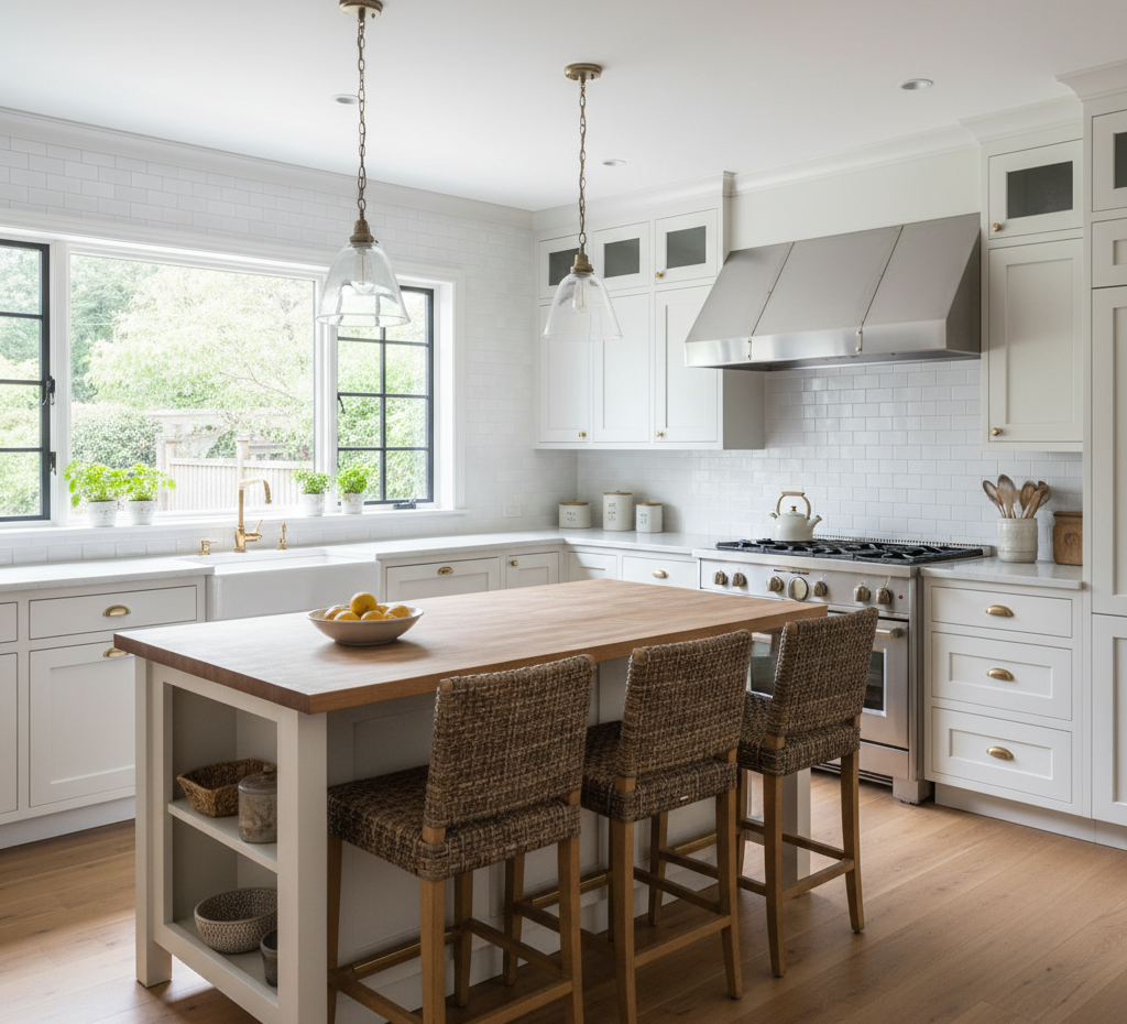 A revitalized kitchen with a clean range hood.