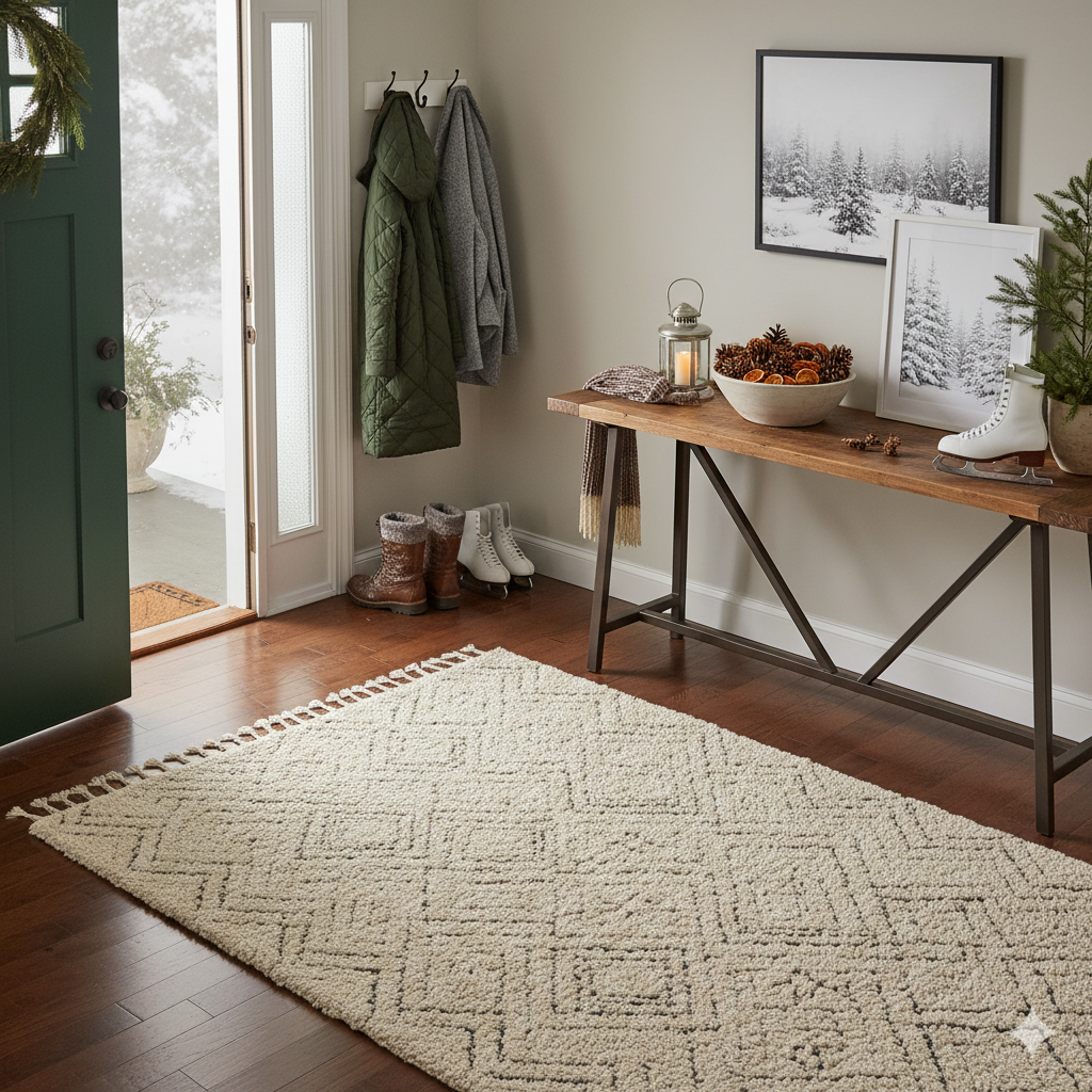 A rug and table in the entrance of a house during winter. organization