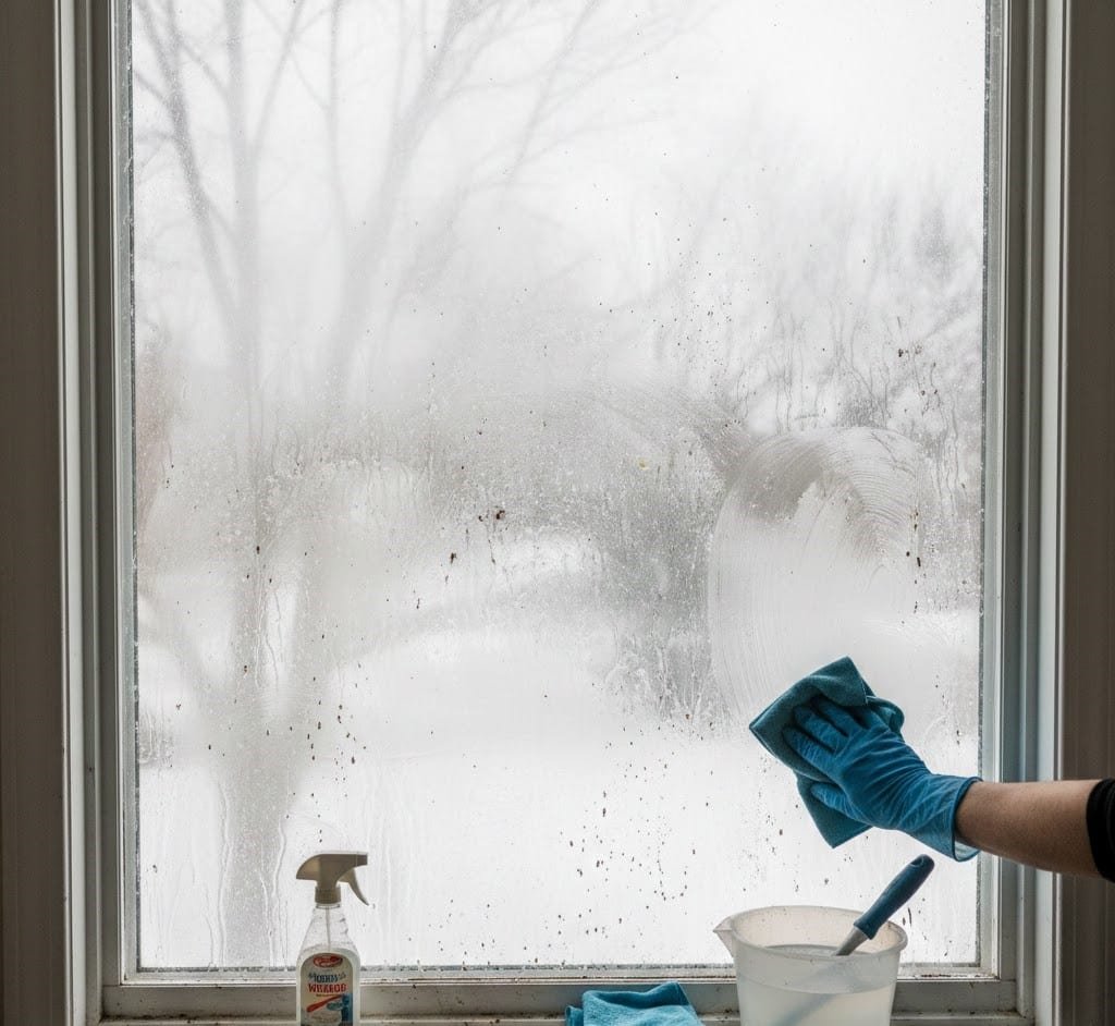 A window is dirty due to winter and needs washing.