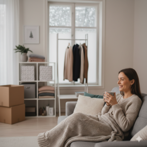 A woman is at peace while her house is clean and organized during the winter.