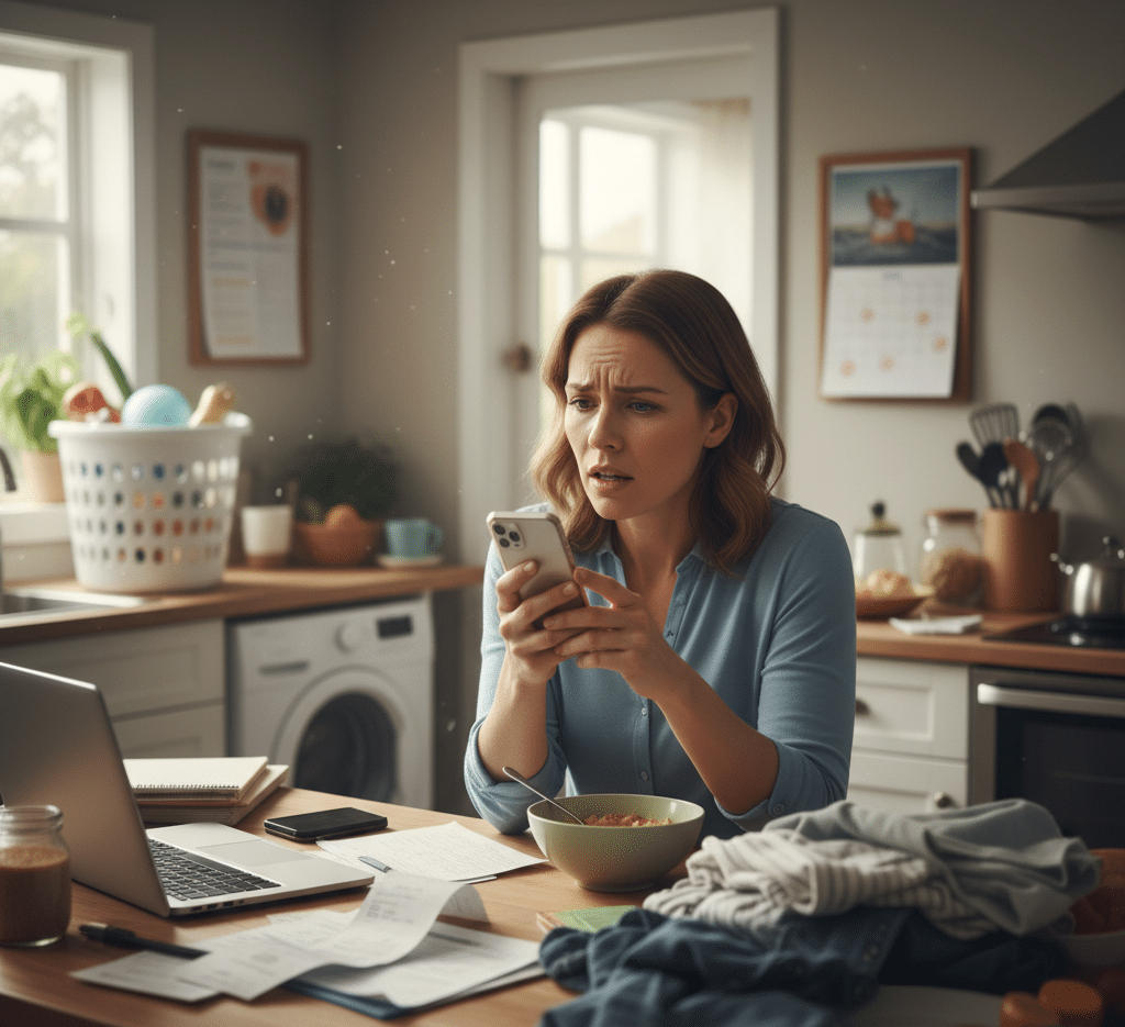 A woman with a thousand tasks to do decides to call for help.