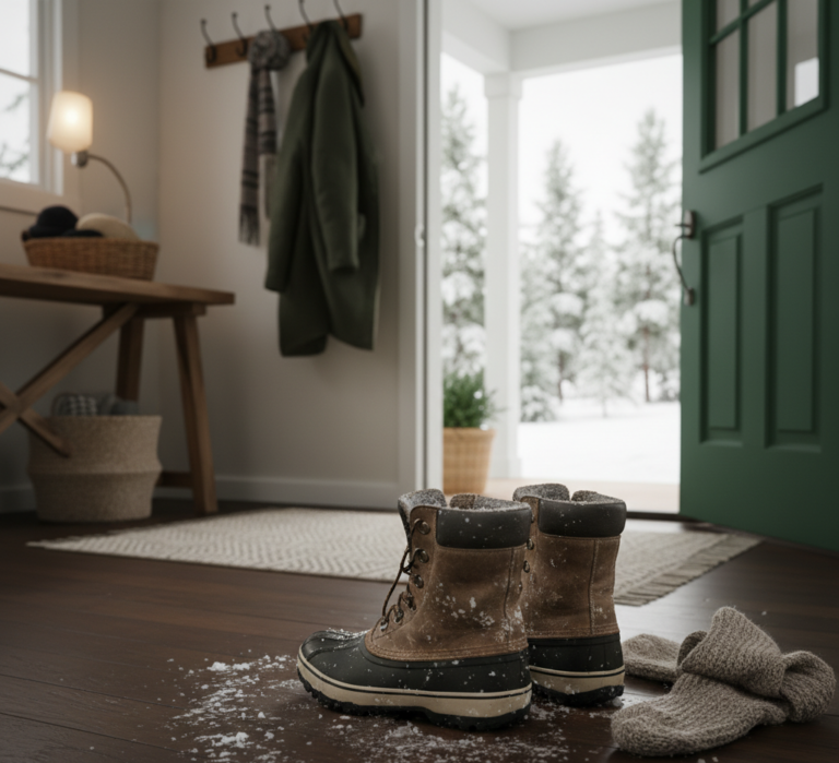 Boots are left at the entrance of the house after arriving outside during the winter.