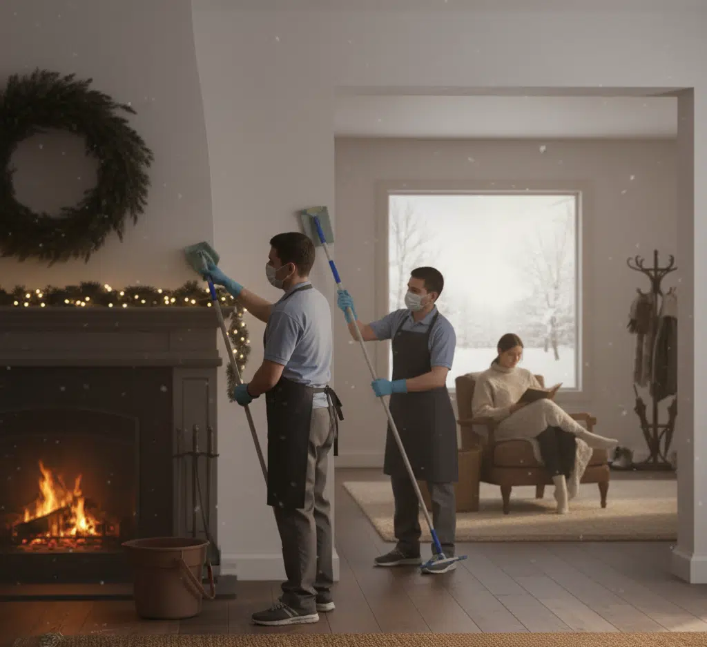 Cleaning crew wiping down walls during the winter while the homeowner rests.