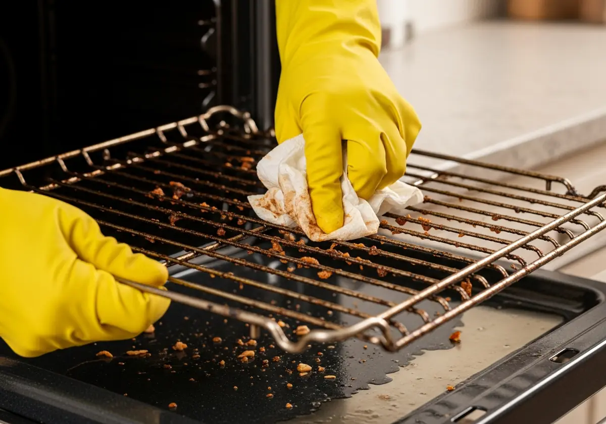 Cleaning the oven rack with paper towels