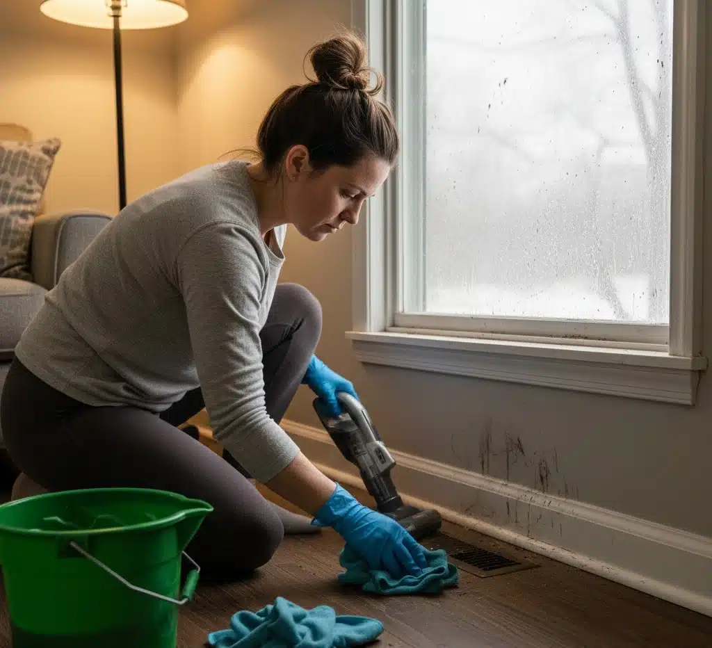 Cleaning baseboards during the winter.