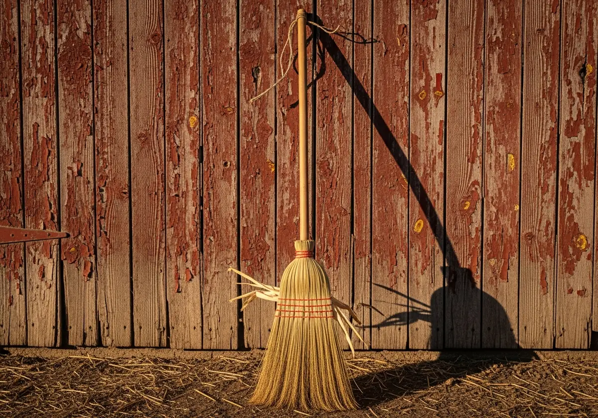 Corn broom leaning against a weathered red barn wall