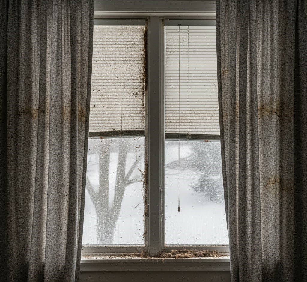 Dirty curtains and blinds during the winter months.