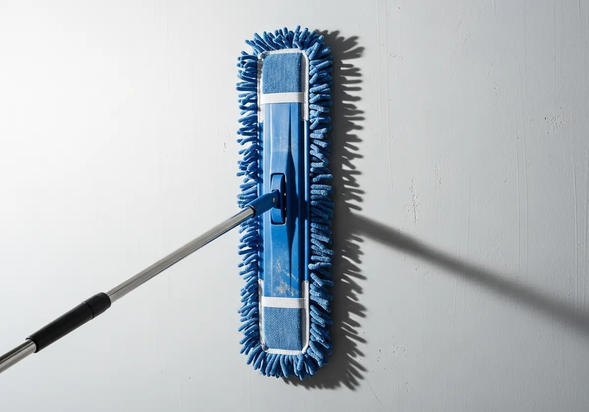 Blue microfiber dust mop with a telescopic handle against a white wall