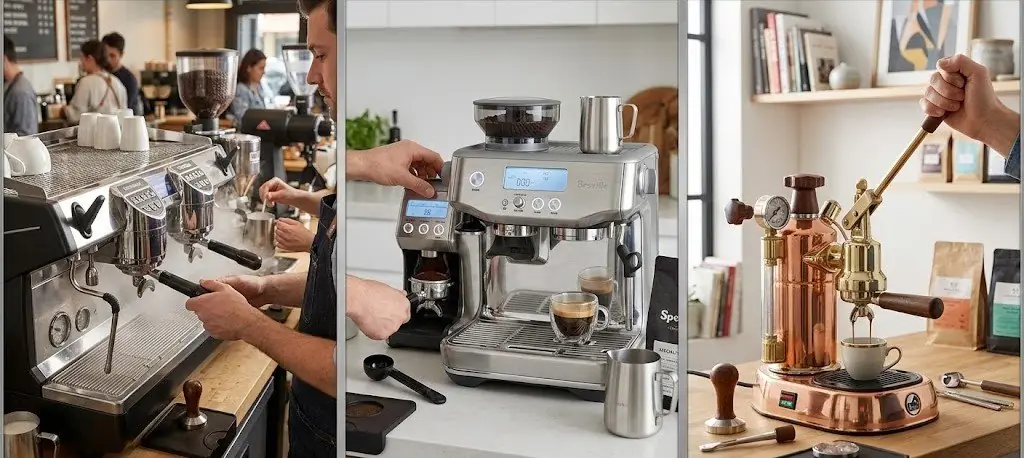 Three espresso machines: a café machine, a home model and a copper lever machine