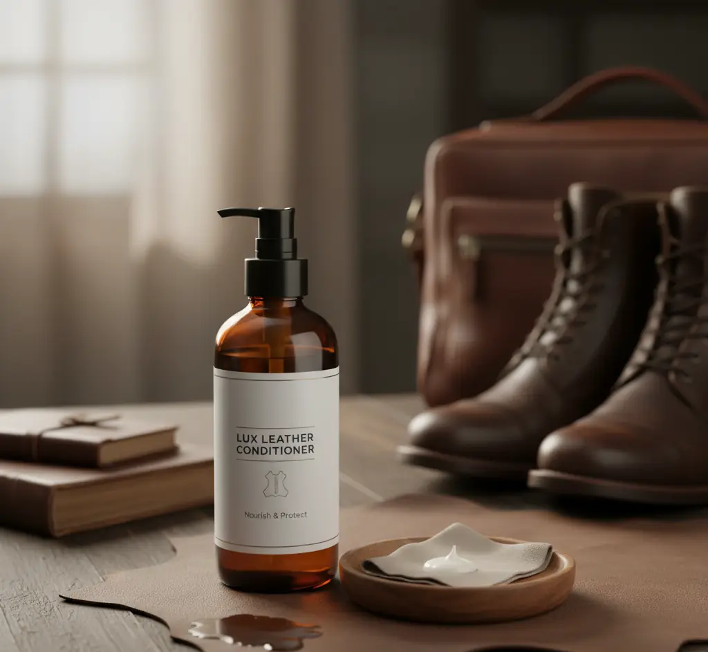 Bottle of leather conditioner beside brown leather boots and a cloth
