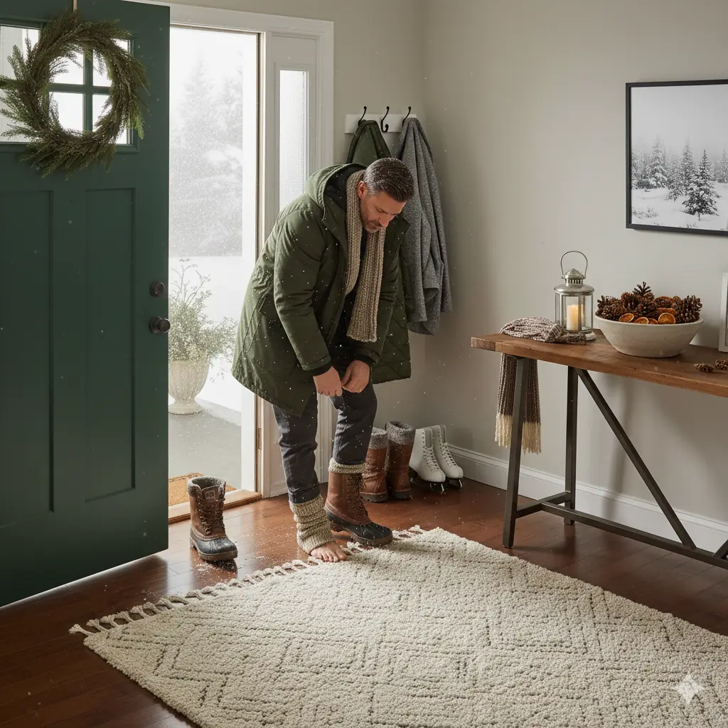 Man at the entrance of his house after arriving from the street wearing boots during winter.