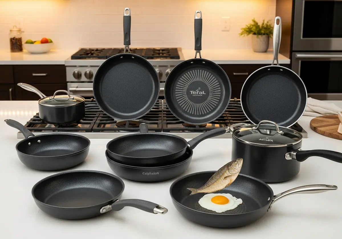 Set of black non-stick frying pans and saucepans on a kitchen counter