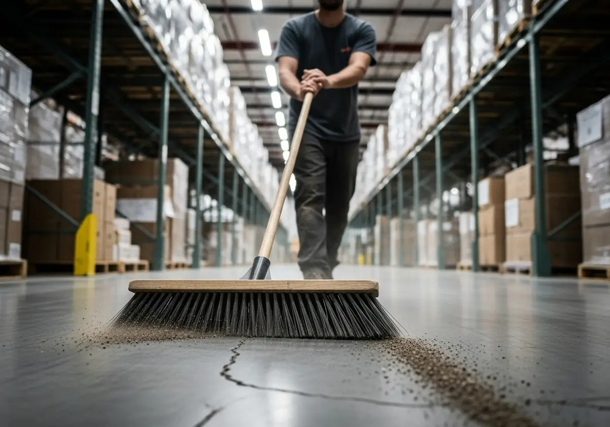 Man sweeping a warehouse floor with a wide push broom