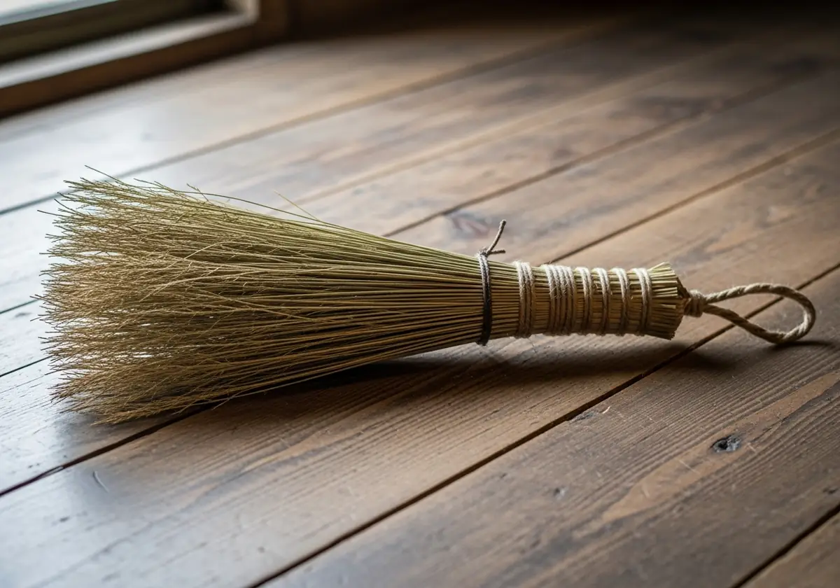 Small straw whisk broom lying on a dark wooden floor