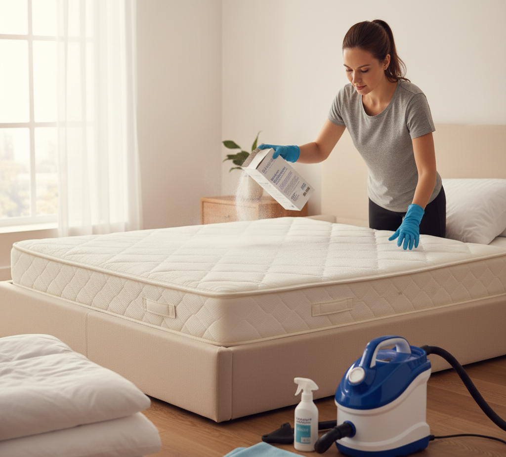 Woman sprinkling baking soda on the mattress before cleaning it.