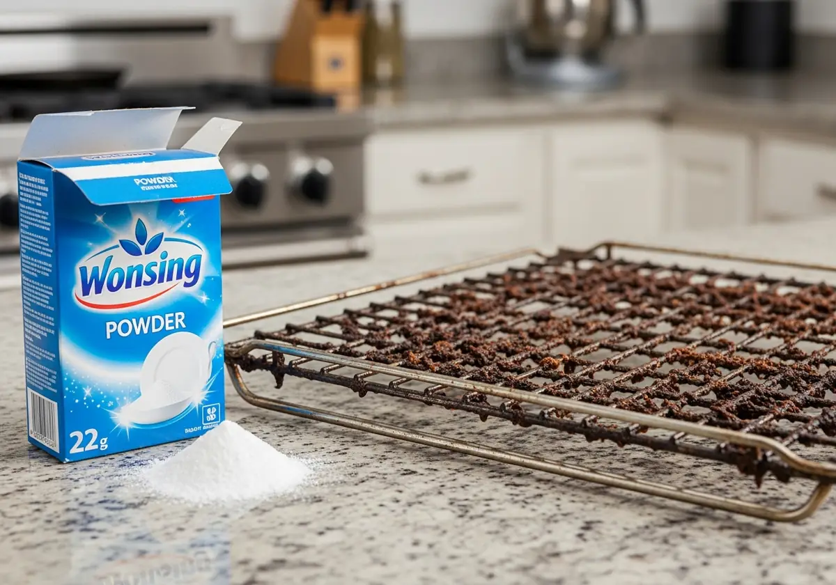 a box of dishwashing powder and a dirty oven rack