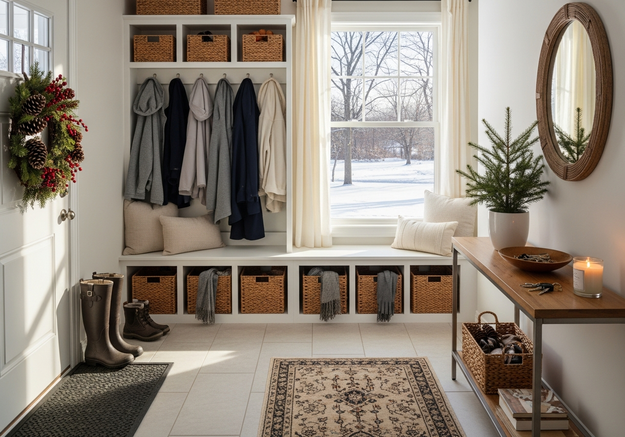 an organized entrance on a winter's day