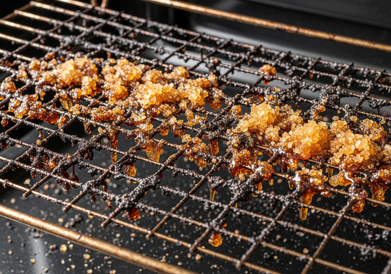 an oven rack with grease and encrusted sugar residue