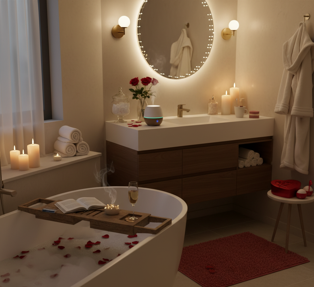 bathroom ready for bedtime, organized before Valentine's Day.
