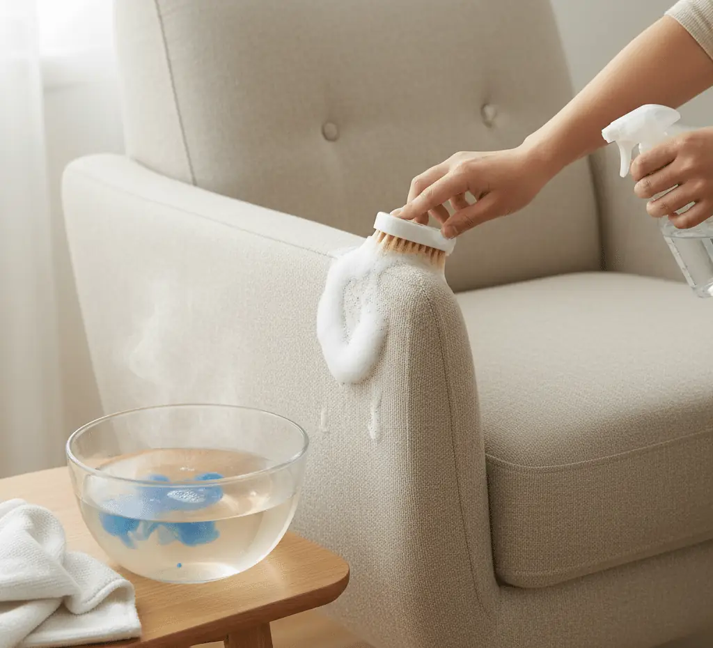 detergent and warm water for cleaning upholstery