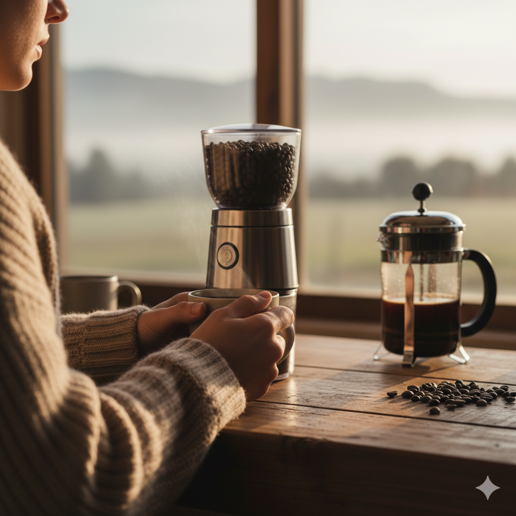 drinking coffee prepared in a coffee grinder.