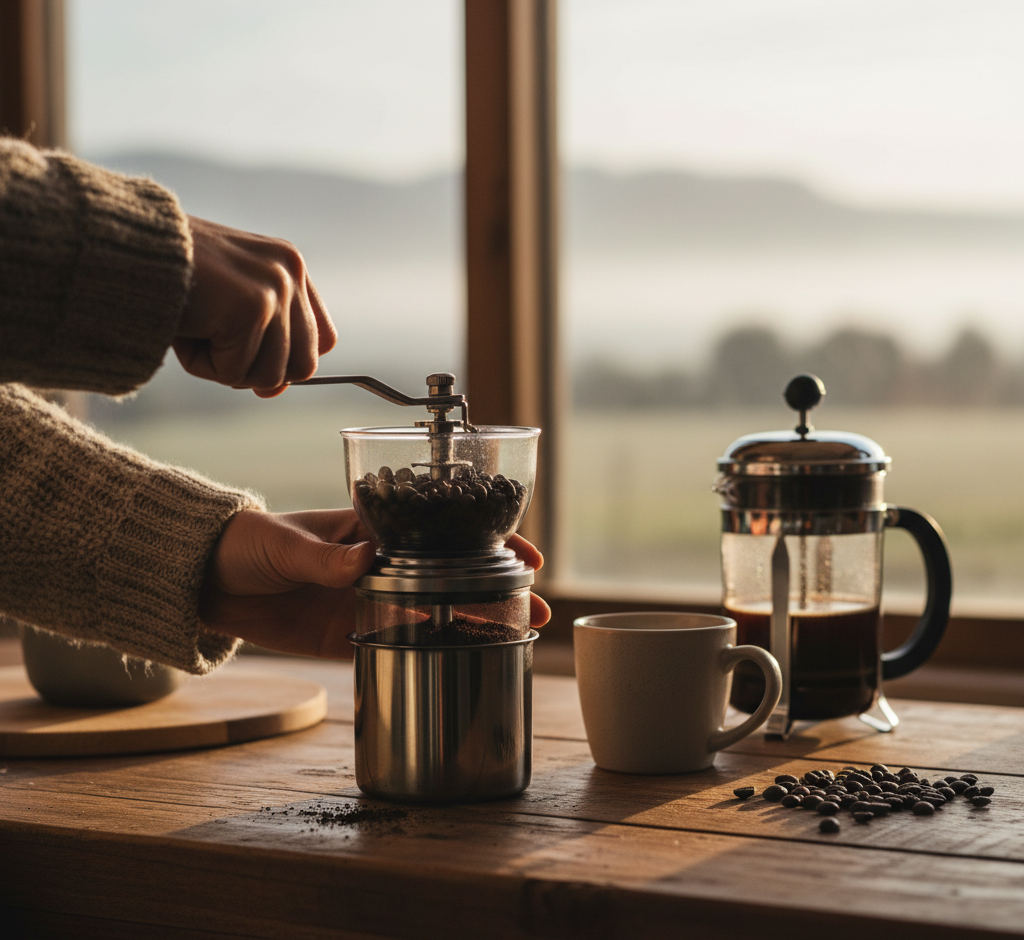 first thing in the morning, a coffee grinder being used.