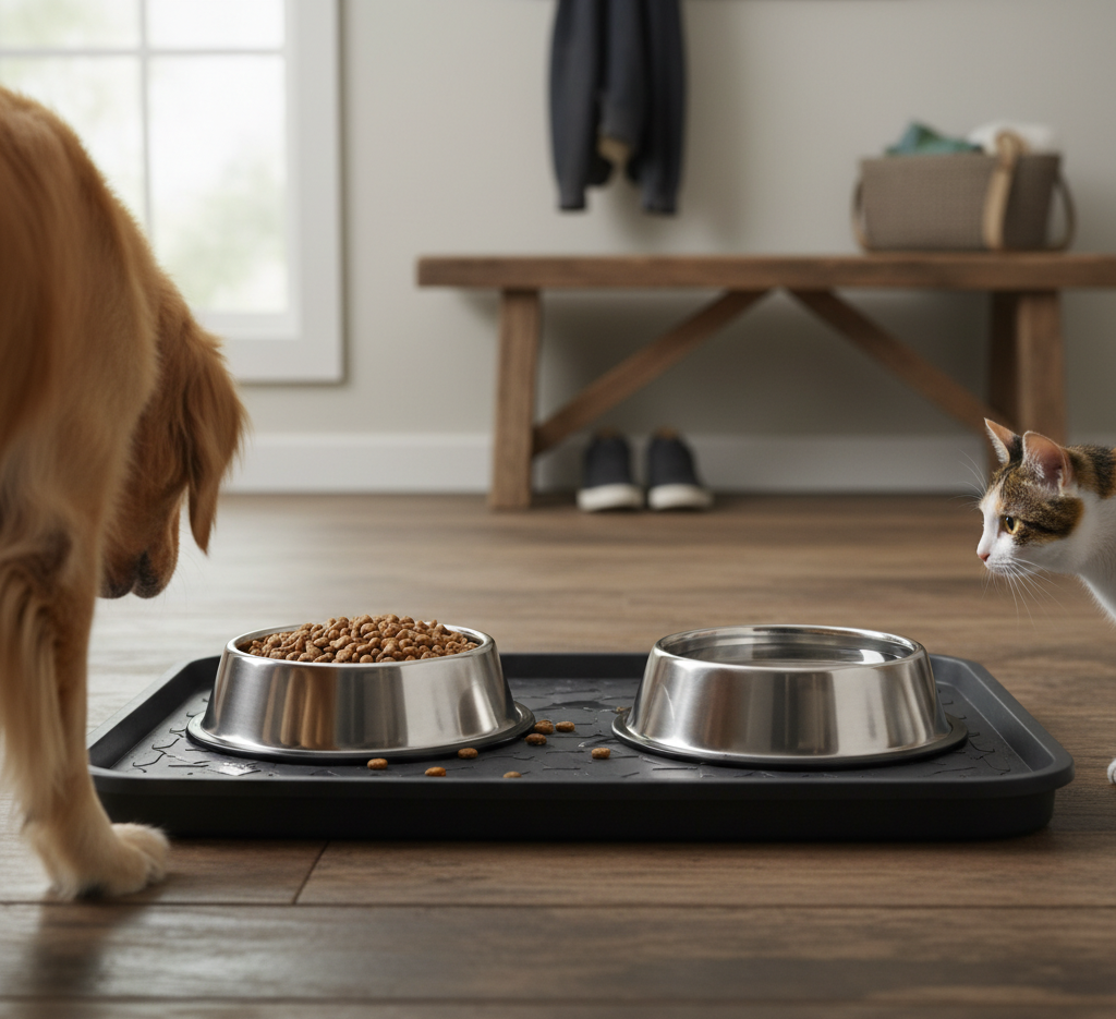 pet food bowls on top of a boot tray