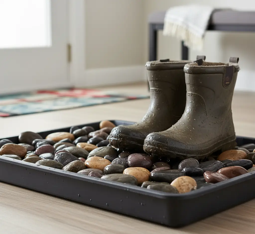 polished stones or river rocks in boot tray for draining