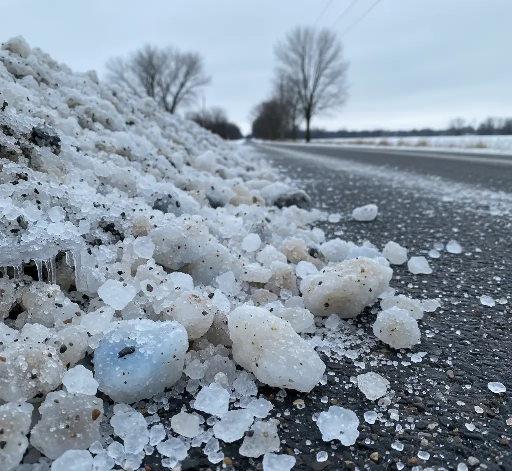Chunks of road salt piled along the edge of a winter road