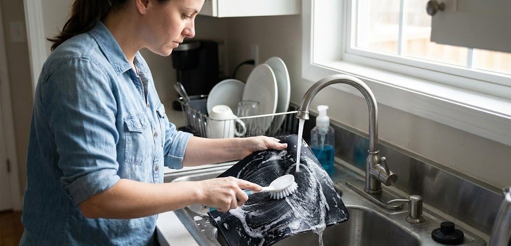woman cleaning mousepad in the sink