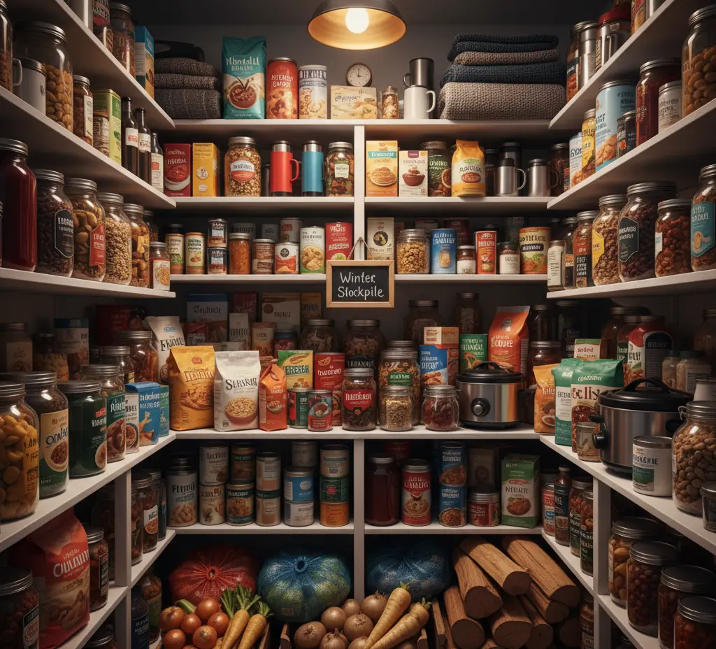 A pantry crammed with things people usually buy in winter.